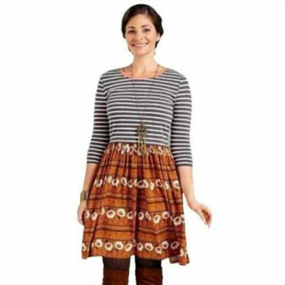 Matilda Jane Winsome Striped Floral Print Blue & Brown Dress Women's Size Large